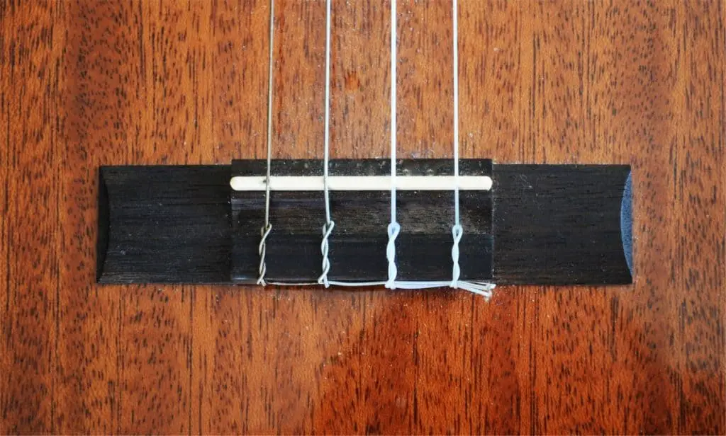 closeup of strings on a block bridge